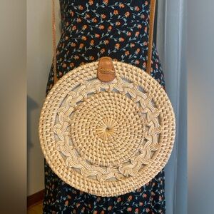 Wicker rattan straw crossbody circle bag with long strap